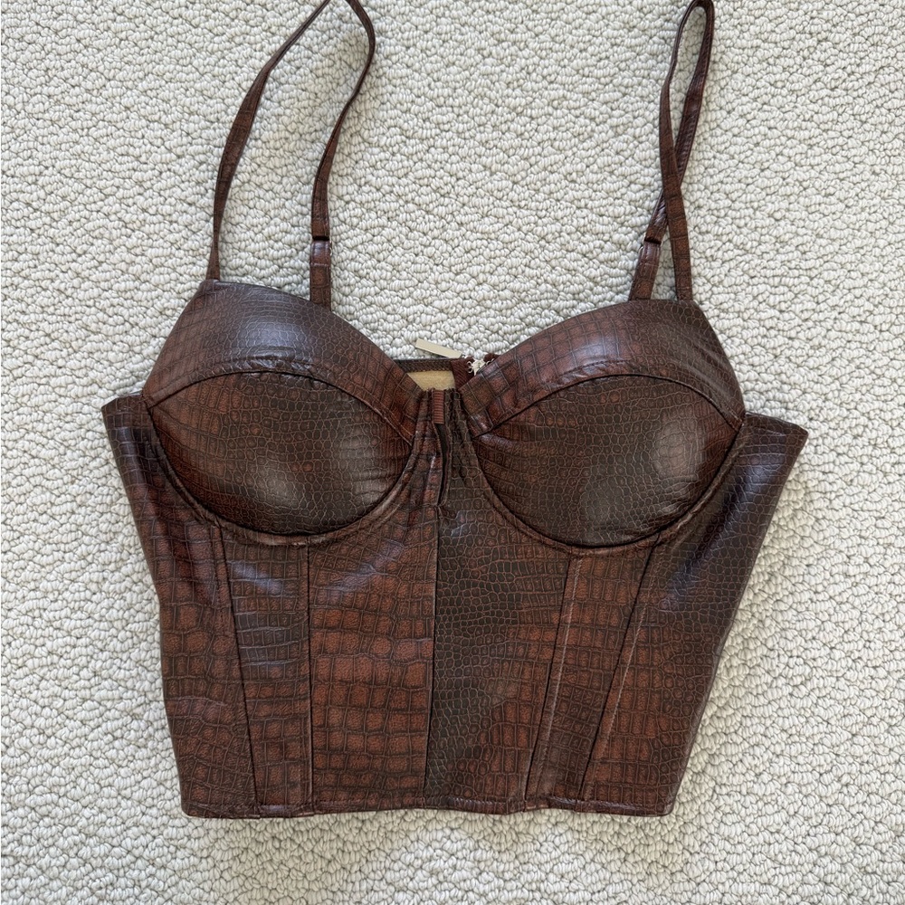 Source Unknown Brown Croc-Embossed Bustier Crop Top